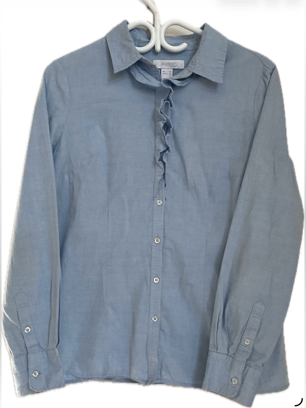 **WOMAN by TCHIBO Ruffle-Front Light Blue Button-Down Cotton Shirt